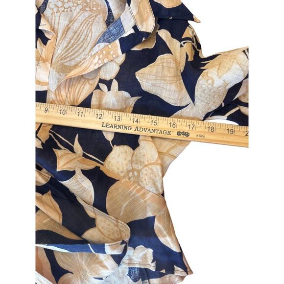 REISS Floral Tie Waist Blouse Navy Gold Large Print Size 2 EUC Linen Blend - Picture 8 of 11